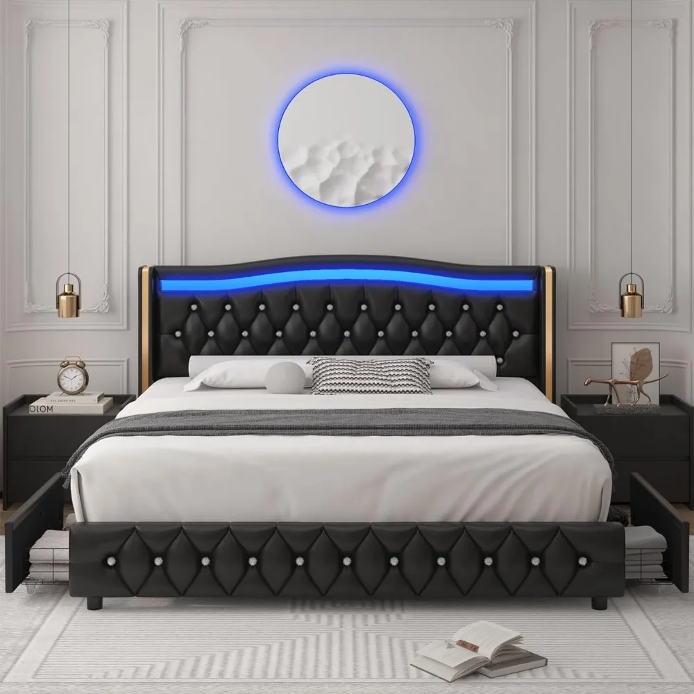 Bed Frame King Smart LED Platform Bed Frame With 4 Storage Drawers, Crystal Button-Tufted & Stainless Gold Trim Wingback Headboard