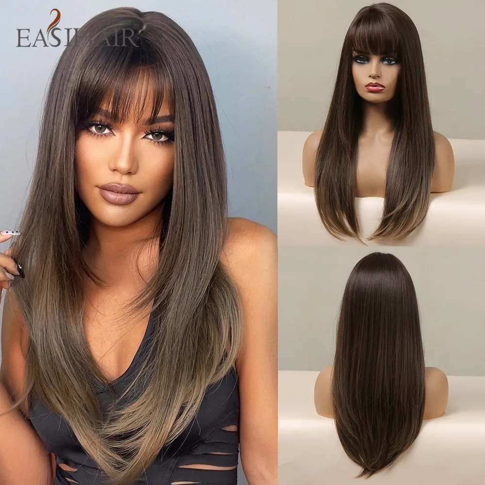 EASIHAIR Brown Straight Synthetic Wigs with Bangs Natural Layered Hair Wigs for Women Daily Cosplay Party Heat Resistant Fibers