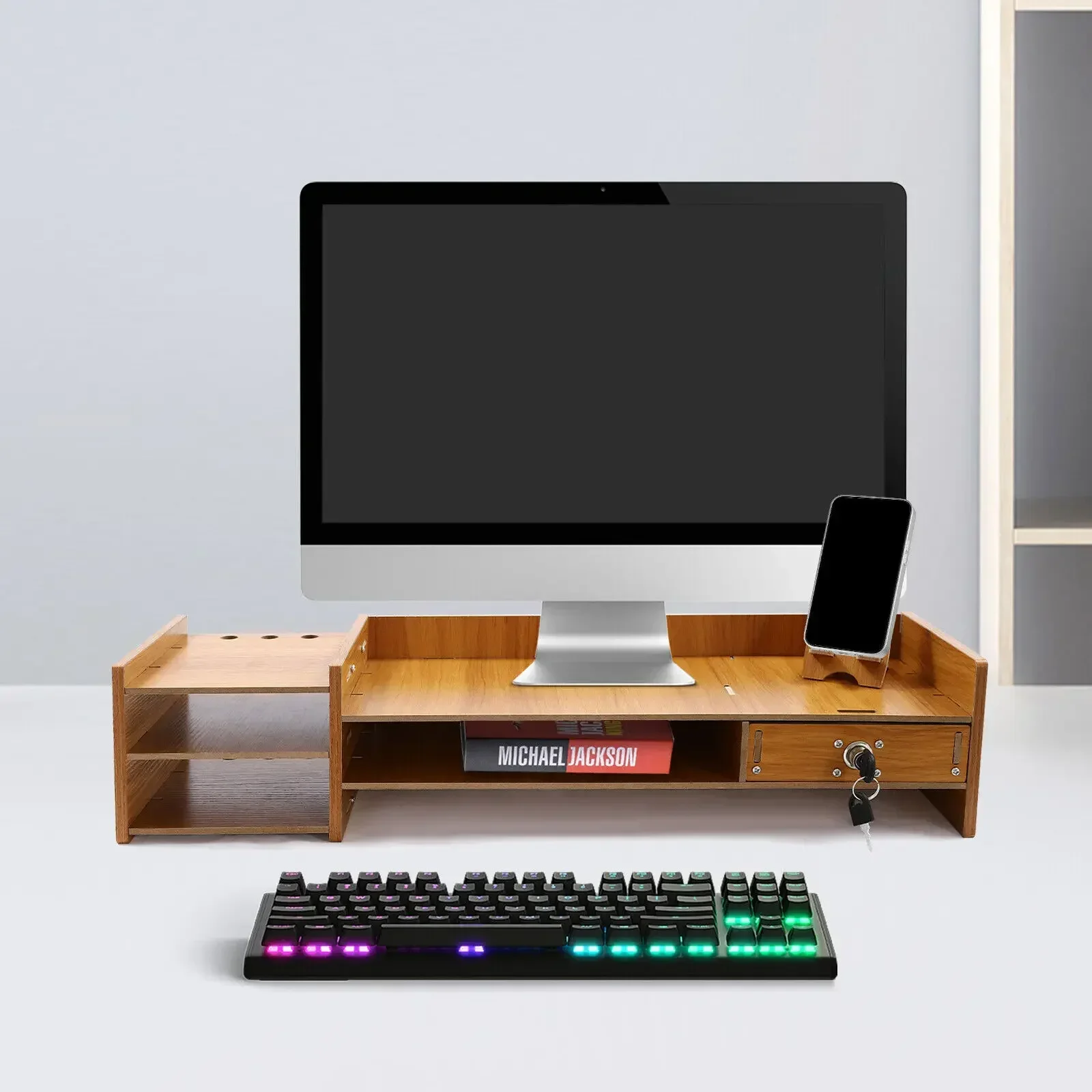 Wood Desk Organizer Home Office Desktop Storage Drawer Computer Holder w/Lock 2