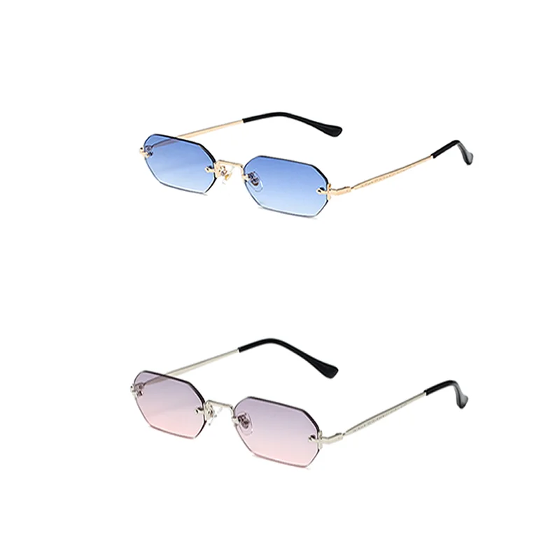 

Wholesale 2022 NEW Rimless Rectangle Sunglasses Small Men Glasses Women Metal Gold Polygon Blue Shades UV400 Frameless