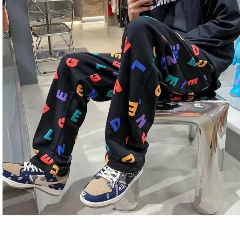 Men's Spring Autumn American Style Wei Pants Loose All-match Trendy Letter Printed Elastic Waist Wide Leg Sports Casual Trousers