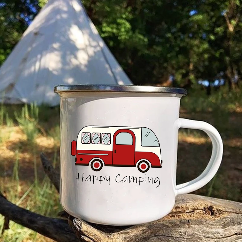 Camper Enamel Travel Mug - Handmade Creative Coffee and Tea Cup with Handle