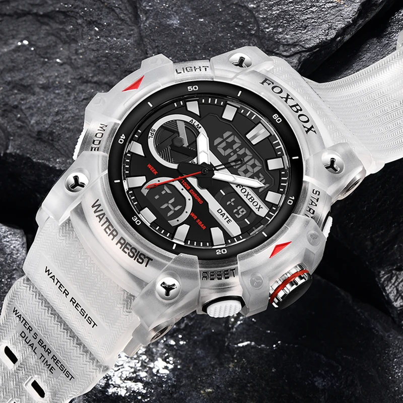 FOXBOX Dual Display Watch Men Fashion White Silicone Sports Diving Watch For Men Waterproof Analog Digital Quartz Men's Watches