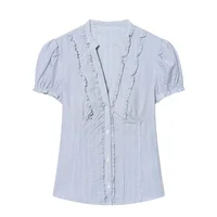 2026 new women's fashion casual sweet slim fit bubble sleeves layered decoration poplin shirt top - Image 4