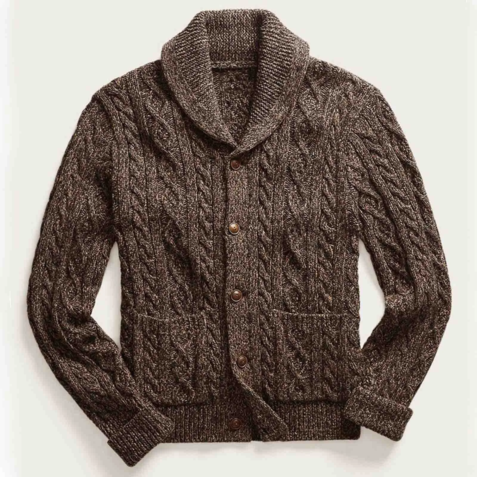 

Knitted Lapel Collar Sweaters Double Pocket Sweater Solid Color Cardigan Long Sleeve Men's Sweater Button Winter Sueteres Hombre