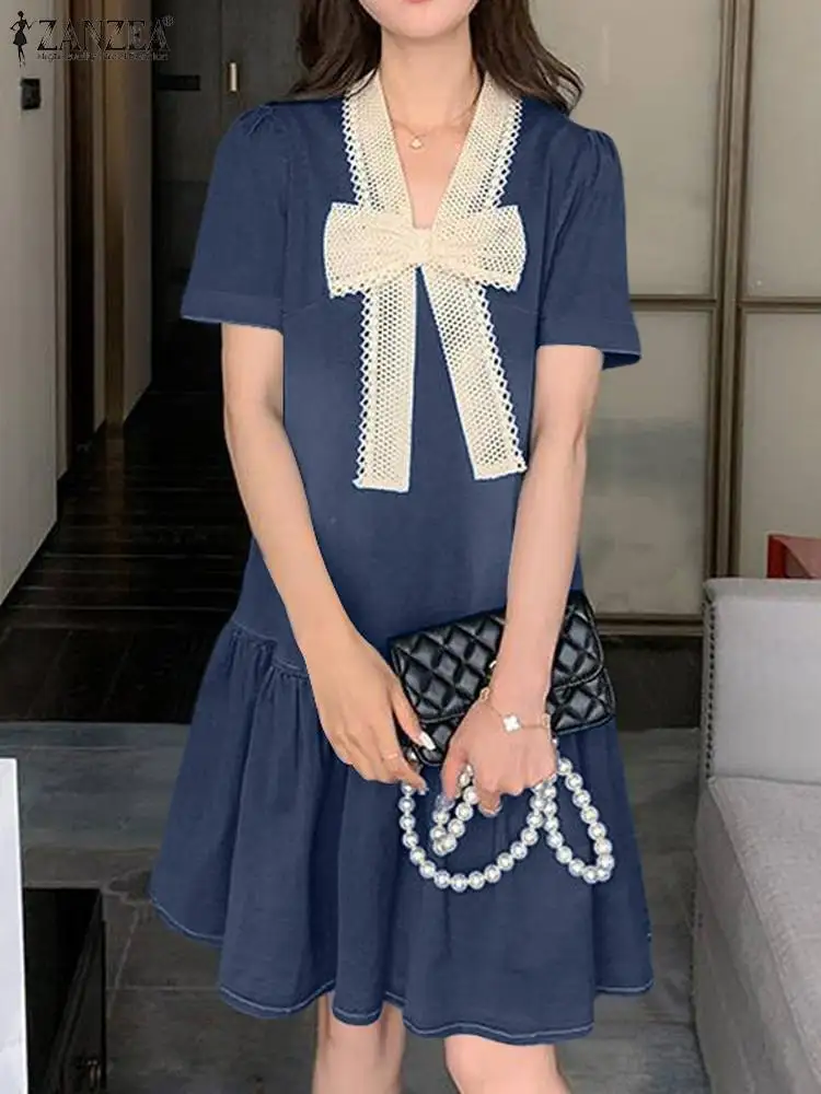 

ZANZEA Women Elegant Bow Sundress Party A-line Short Sleeve Lace Patchwork V-Neck Knee-length Dress Ruffled Hem Fashion Vestidos
