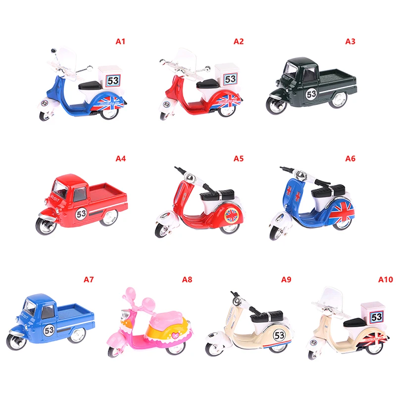

1:43 Mini Alloy Plastic Tricycle Retro Simulation Three Wheeled Motorcycle Toy Autorickshaw Takeaway Model Figure Toys for Kids