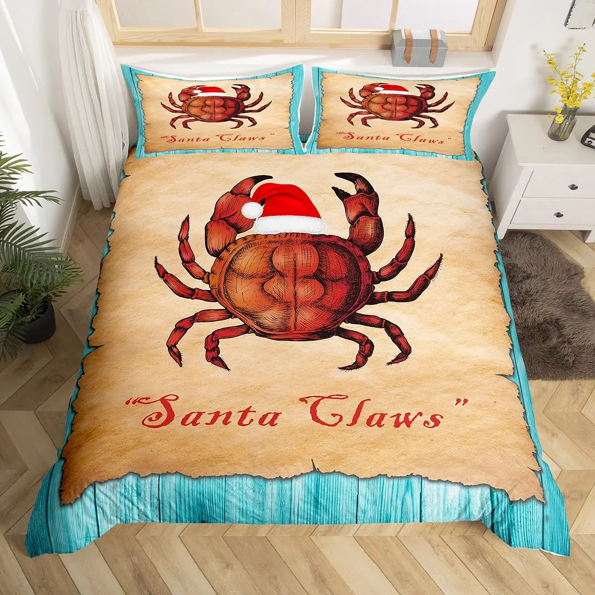 

Cute Crab Duvet Cover Set King Size,Vintage Ocean Animals Bedding Set 3Pcs Happy Christmas Theme Comforter Cover for Girls Boys