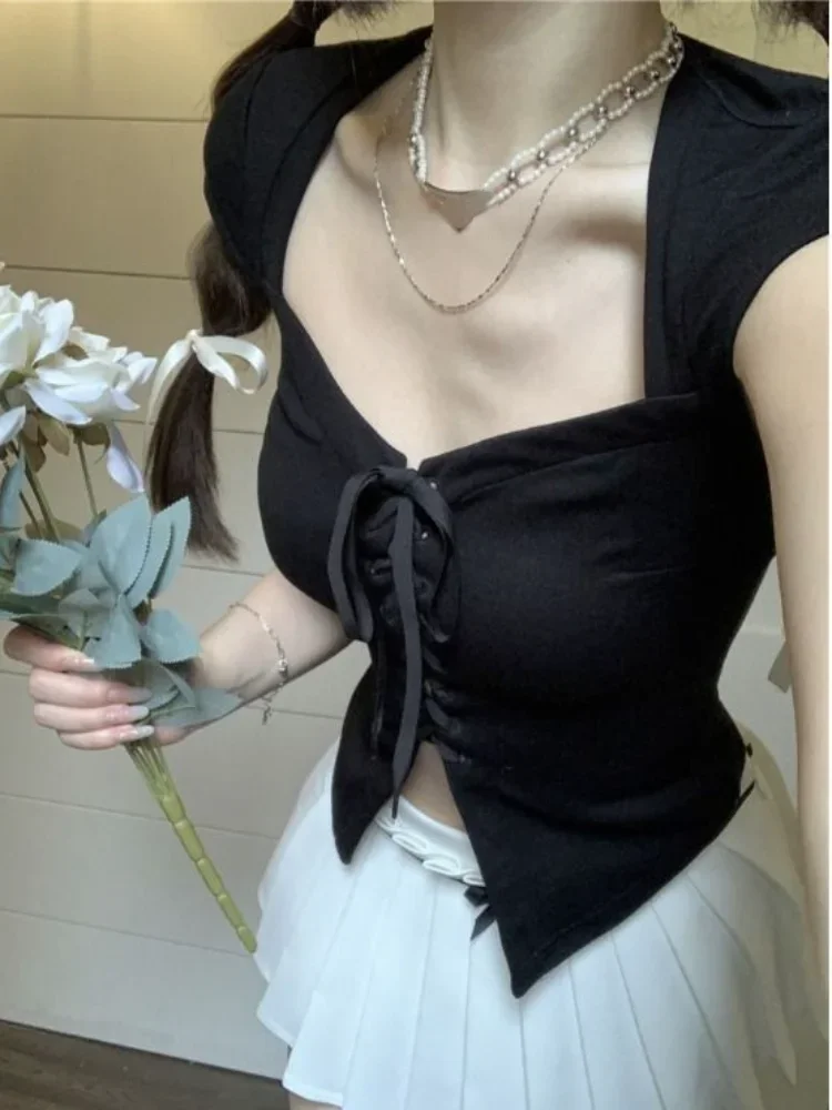 

Футболка женская облегающая с коротким рукавом, базовый пикантный укороченный топ с разрезом, модная уличная одежда в стиле феи, Y2k