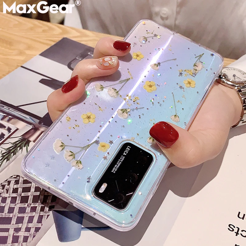 Transparent Real Dried Flower Glitter Case For Xiaomi Redmi Note