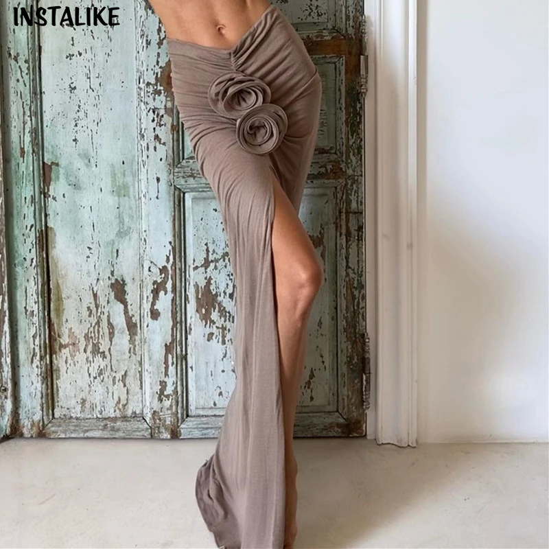 InstaLike-Elegant Ruched Slit Maxi Skirts for Women, Floral 3D Rose Folds Trim Fashion Outfits, Vacation Beachwear, Skirt Bottom