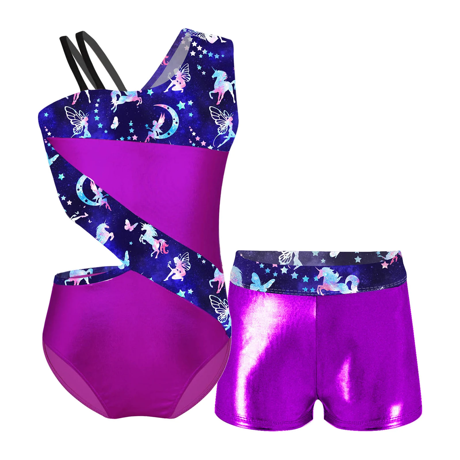 Kids Girls Dance Costumes Asymmetrical Shoulder Cutout Printed Sports Leotard Bodysuit with Shorts Sets for Gymnastic Dancewear