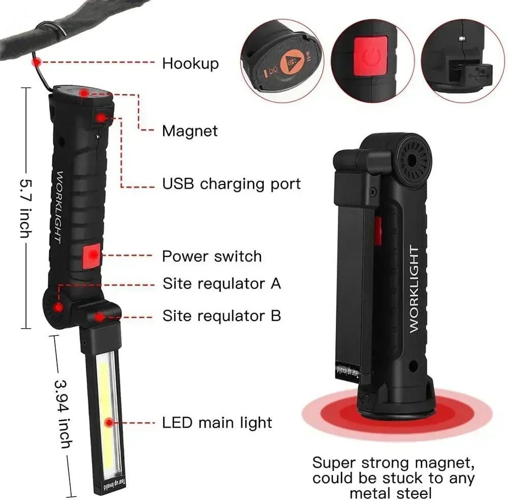 COB LED Work Light Dimmable USB Rechargeable LED Flashlight Inspection Lamp Magnetic Hook Power Bank 18650 Battery Torch