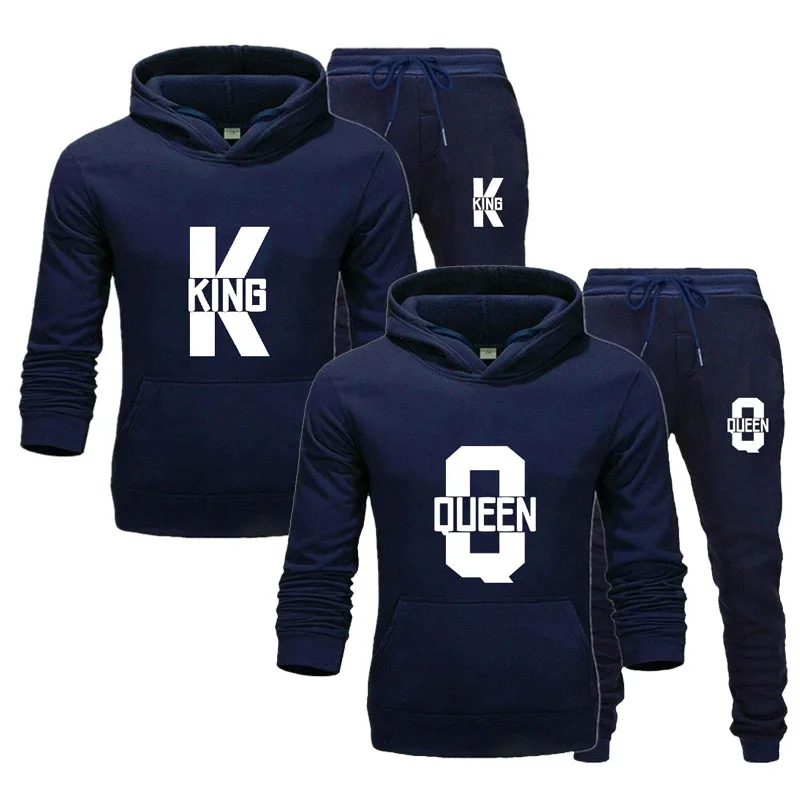 Fashion Lover Couple Clothing Sportwear Set KING QUEEN Printed Hooded Clothes 2PCS Set Women Hoodie and Pants Suit Hoodies 4