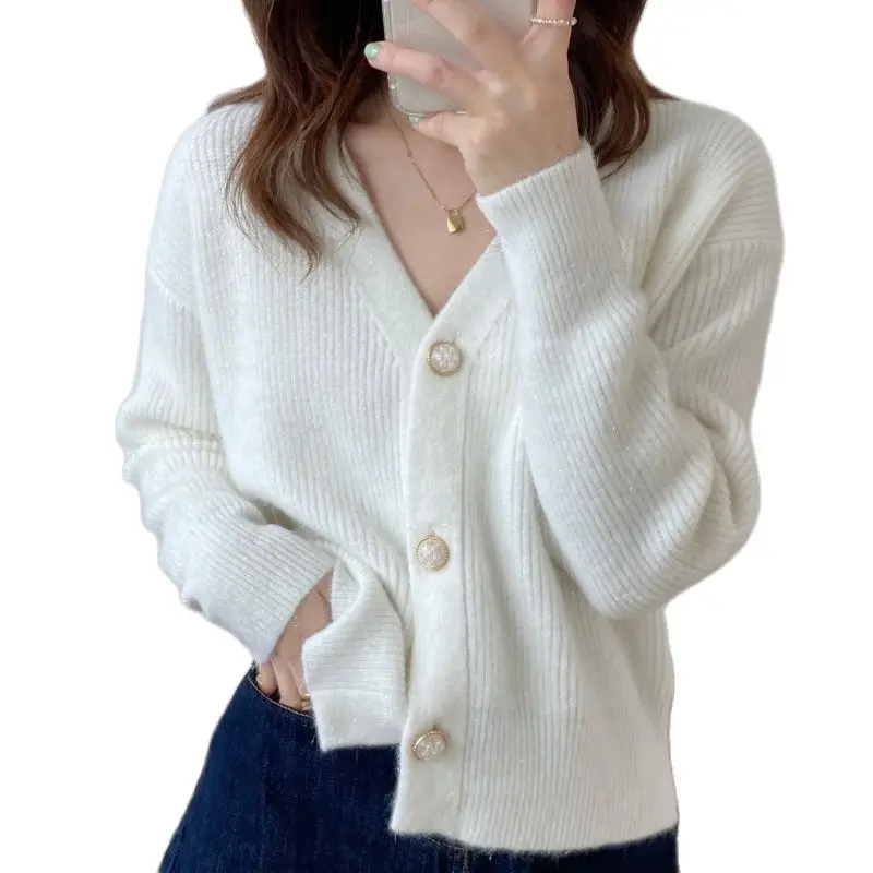 

Autumn Long Sleeve Loose V-neck Women's Sweater Thick Knitted Coats Single-Breasted Female Cardigans Ladies' Clothes Wholesale