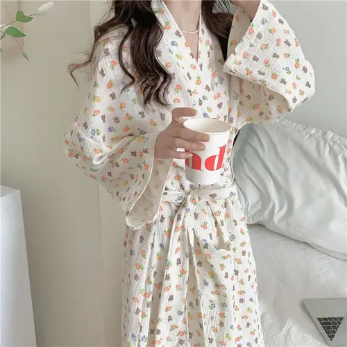 여성용 캐주얼 느슨한 크레이프 코튼 로브, 레이스업 목욕 가운, 달콤한 기모노, 체리 베어 프린트 드레싱 가운, S-XL, 봄, 가을 2