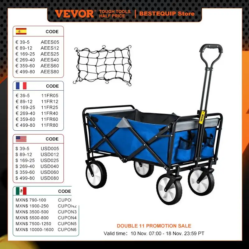 VEVOR Folding Wagon Cart Portable Outdoor Camping Beach Large Capacity Multifunction Adjustable Handle for Picnic Bbq Trolley