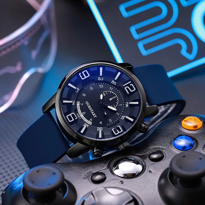 Fashionable casual stereoscopic digital blue glass quartz silicone watch for men