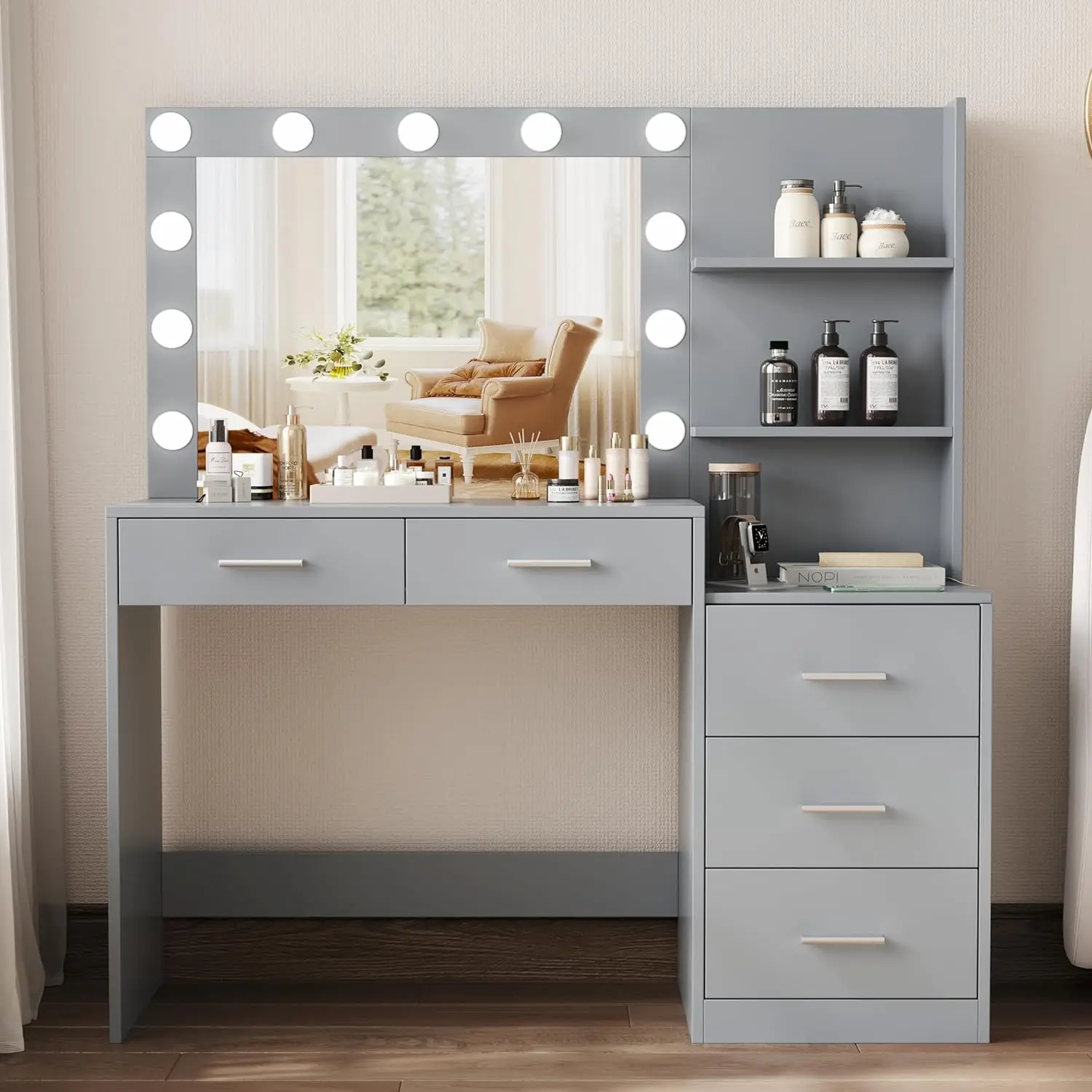 

Rovaurx 46.7" Makeup Vanity Table with Lighted Mirror, Large Vanity Desk with Storage Shelf & 5 Drawers, Bedroom Dressing Table