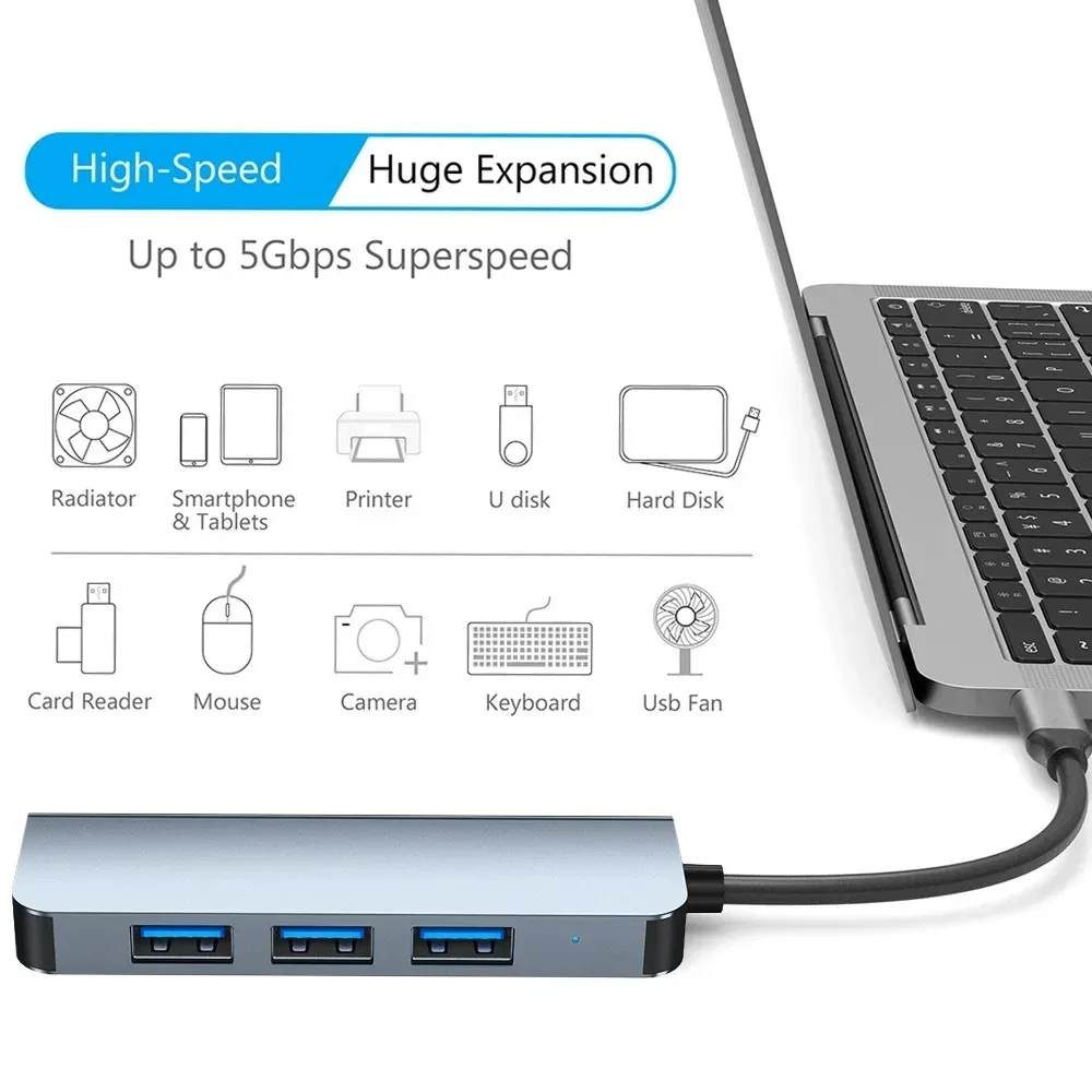 4-in-1 Docking Station Type C to USB Hub USB3.0 5gbps USB2.0 Compatible with MacBook Pro/Air Surface Pro PS4 XPS PC Flash Drive