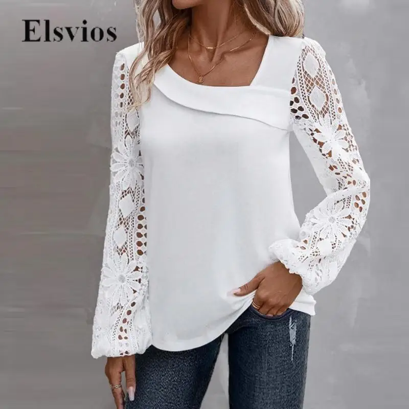 

2024 Spring Autumn Solid Fashion Blouse Pullover Elegant Embroidery Hollow Lace Sexy Shirt Women Casual Long Sleeve Tops Blusas