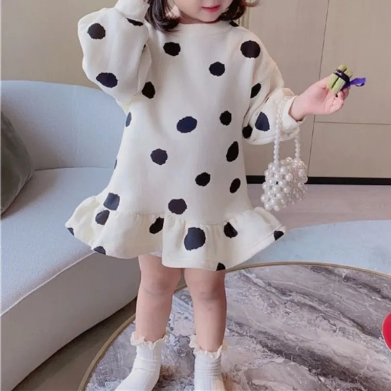

Girls' Warm Sweater Dress 2023 Winter New Korean Girls' Splicing Pleated Dress Polka Dot Printed Baby Kids Casual Clothing