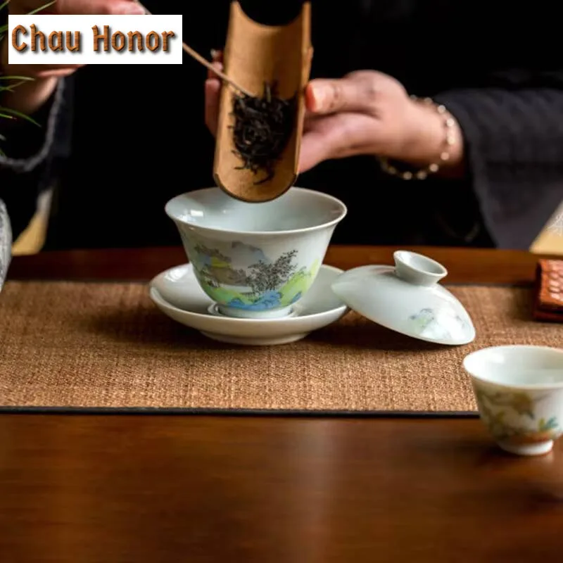 140ml Boutique Antique Glaze Ceramics Pure Hand-painted Ceramics Sancai Gaiwan Handmade Household Kung Fu Teaset Tea Ceremony