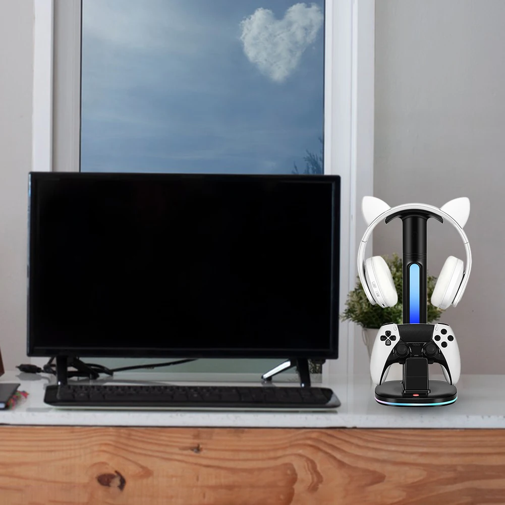 Station de charge PS5 avec support Casque, porte téléphone et lumière RGB