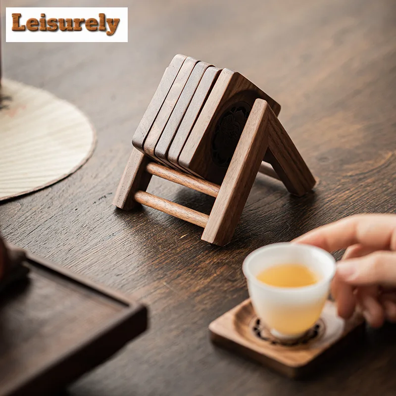 6pc/set Walnut Coasters Lotus Shaped Circular Square Coasters Elegant Cup Mat Coffee Cups Saucer Anti-scald Placemats Cup Holder