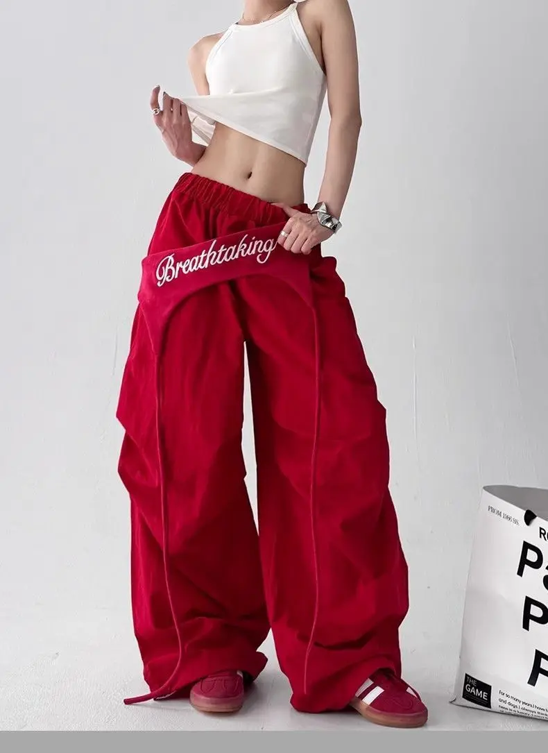 Y2K Red Patchwork Parachute Chic Pants Women Autumn Loose Streetwear Wide Leg Pants Female Hip Hop All Match Straight Trousers