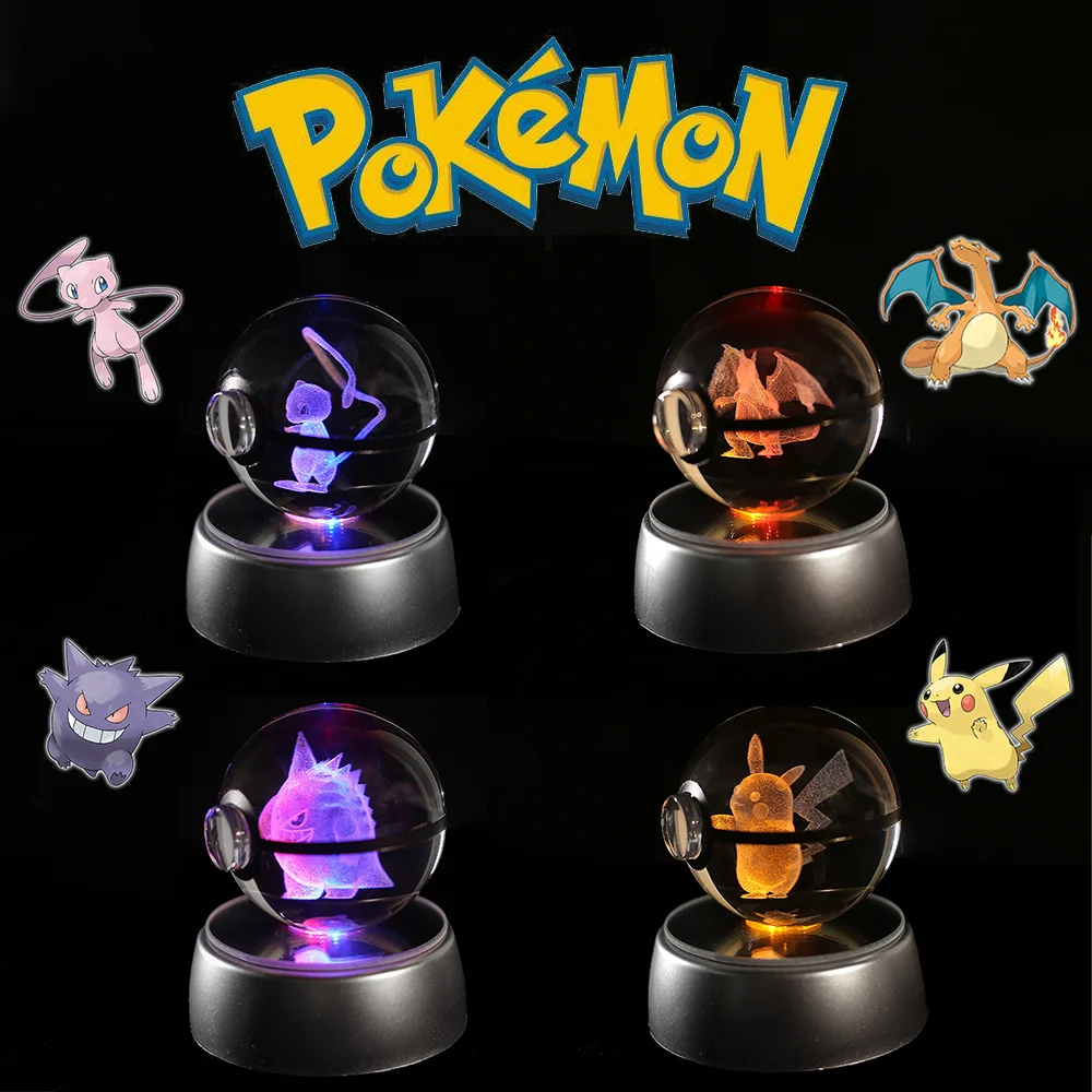 Pokemon Gengar 3D Crystal Ball Pikachu Figure Pokeball Eevee Mew Charizard Model with Led LED Light Base Toys Anime Gifts