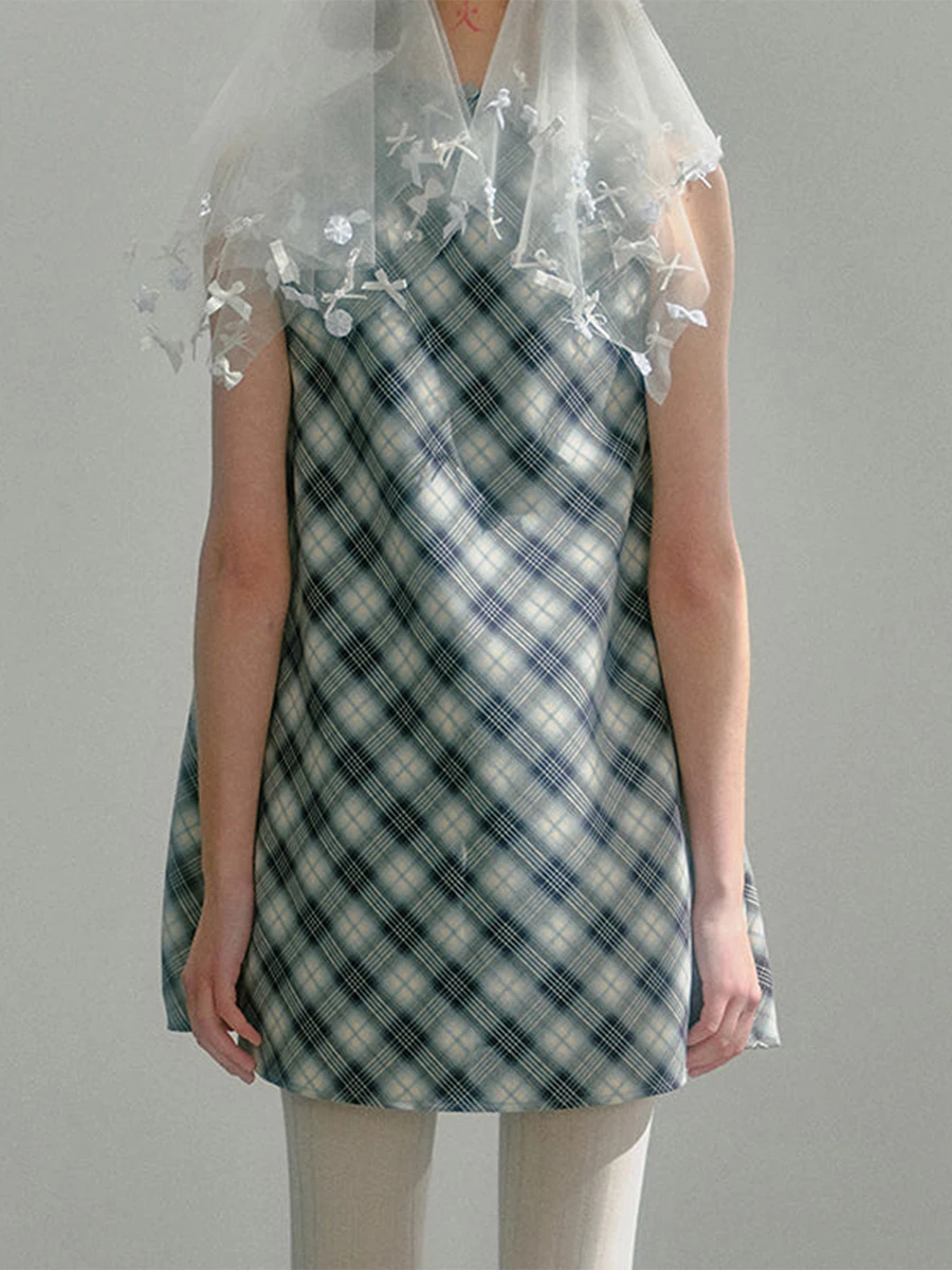 Sleeveless Plaid Mini Dress with Round Neckline and Pleated Skirt Women s Summer Fashion Casual Patchwork Dress