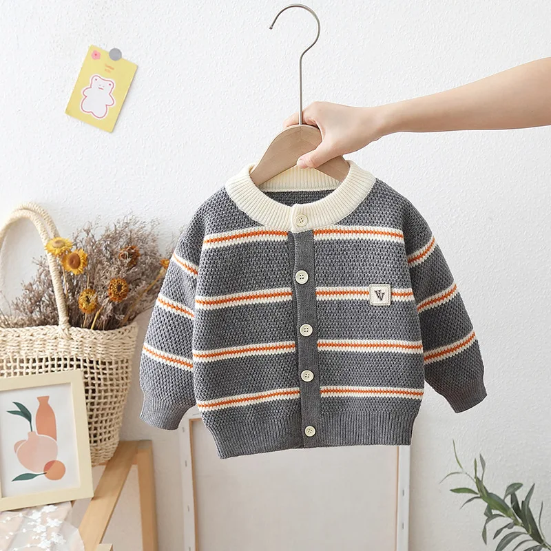 아동용 니트 재킷, 소년 단추 가디건, 한국 스타일 줄무늬 상의, 소년 스웨터 의류, 가을 겨울, 2023 신상