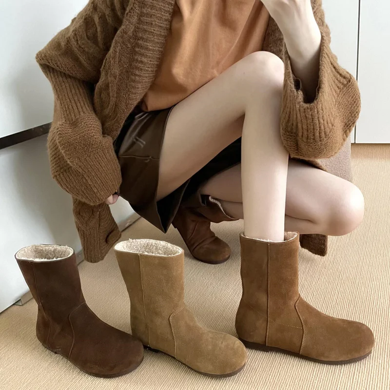 

Winter Boots Lady Women's Rubber Shoes Rain Australia Plush Flat Heel Boots-Women Round Toe 2023 Low Snow Fur Ankle Autumn