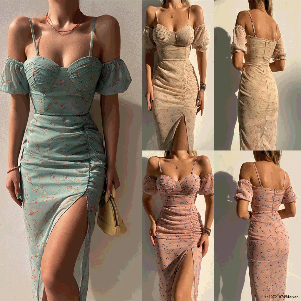 

Women Elegant Off Shouler Sexy Strap Slim Split Sheath Bodycon Dress Spring Summer Floral Print Mid-calf Dress