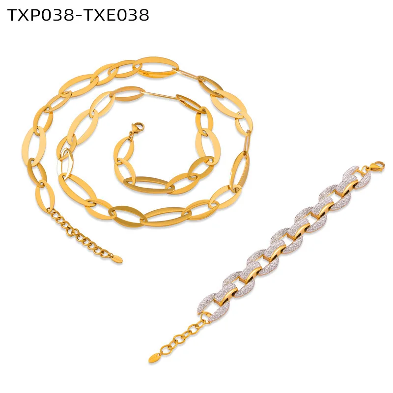 Edelstahl Vergoldetes Set mit Dicken Ketten, Langer Halskette und Armband, Luxuriöser Strass-Hochzeitsschmuck für Damen – Detail 2