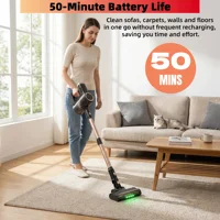 Aspirateur sans fil V8MAX, 55KPA/50 min d'autonomie, avec phare LED vert, brosse anti-emmêlement en forme de V pour poils d'animaux, tapis 2
