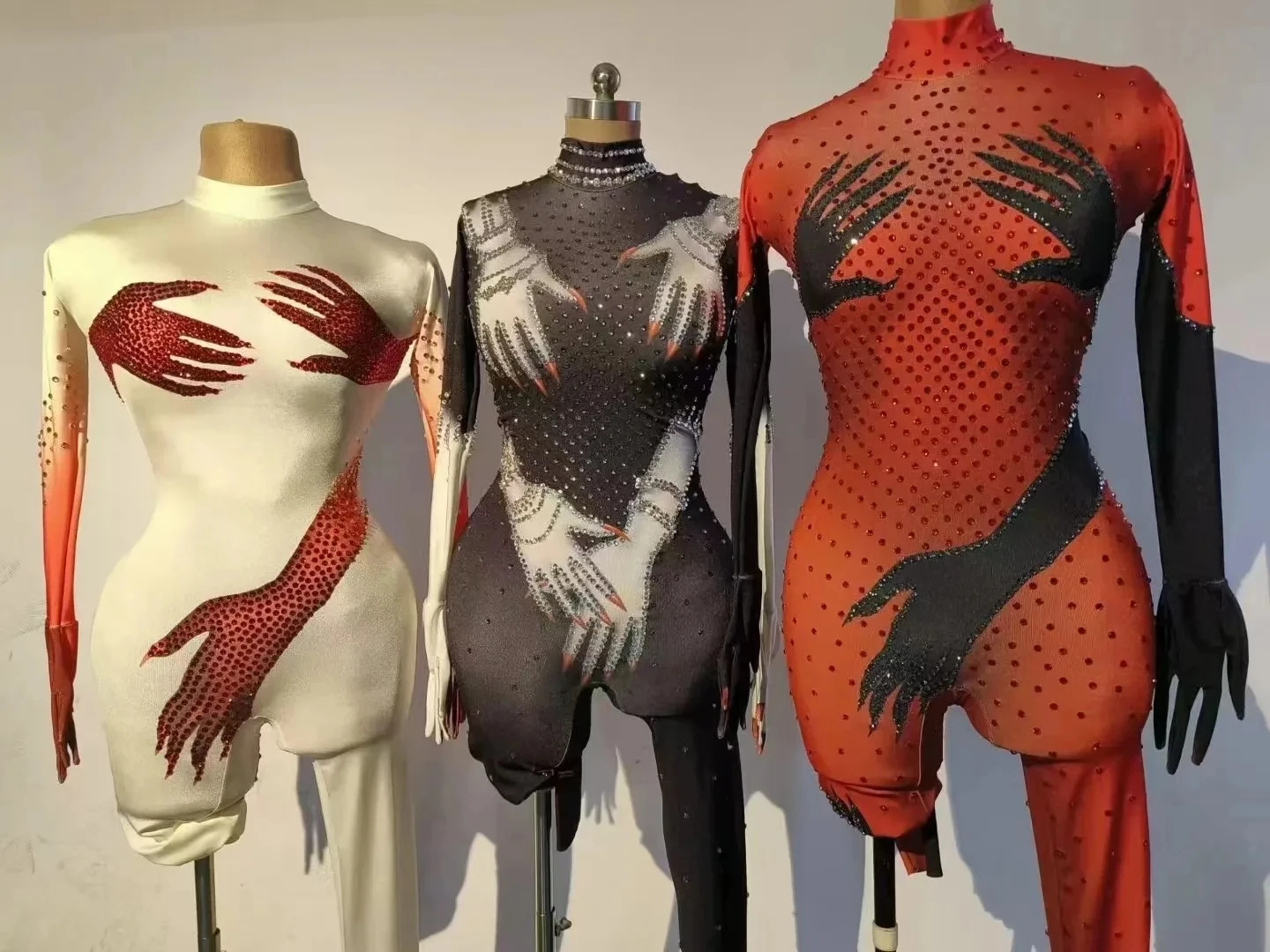 

3 Colors Women Party Rhinestones Jumpsuit Gloves Sexy Gogo Dance Wear Drag Queen Costume Halloween Nightclub Ds Dj Rave Outfit