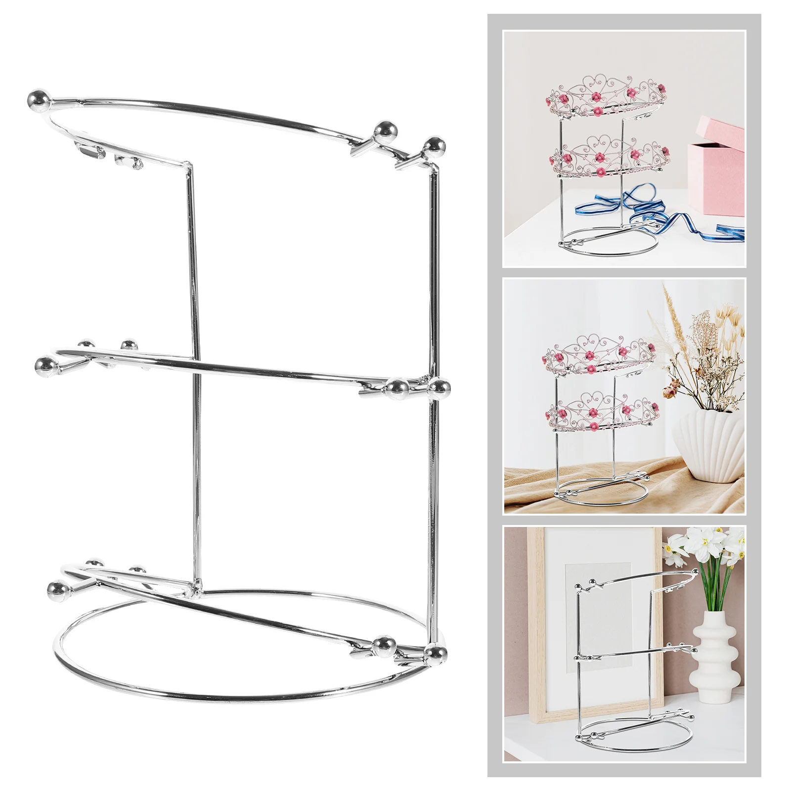 

Tiara Crown Display Stand Three-Tier Rack Jewelry Holder Headband Hairband Headpiece Organizer Silver
