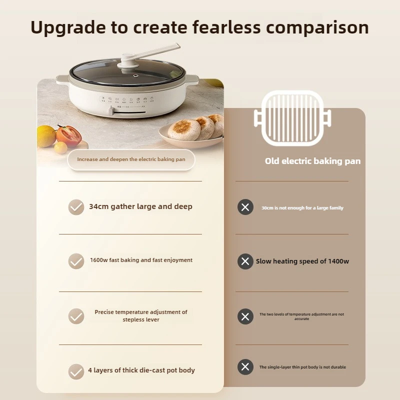 220V Electric Crepe Maker Household Deepen Pancake Baking Pan Multi Cooker with 34cm Diameter Home Electric Frying Pan 5
