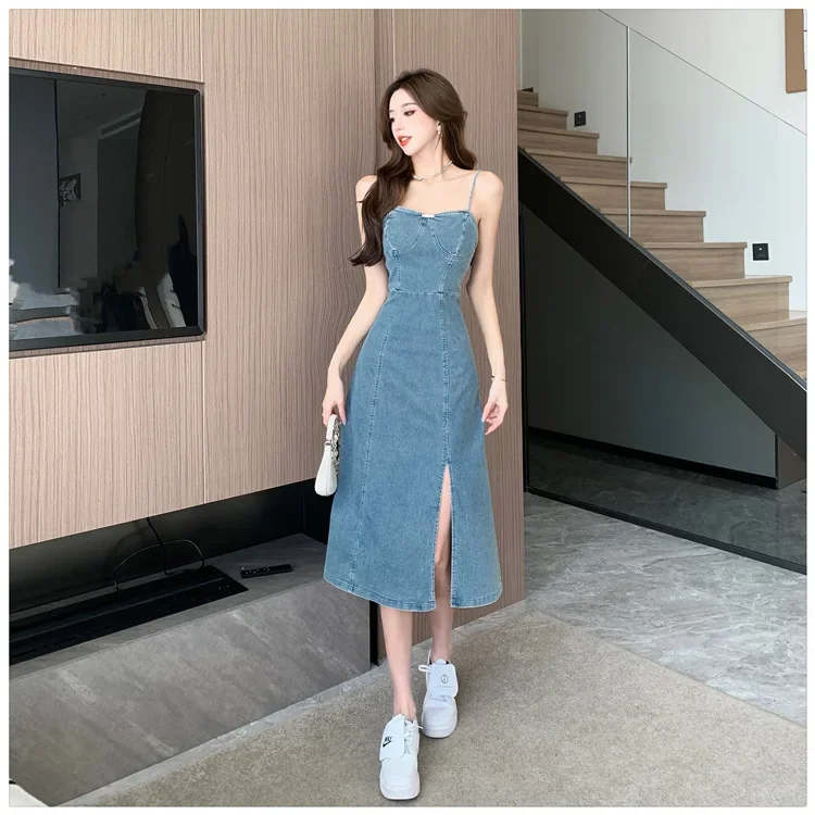 

SKMY-Square Neck Suspended Dress, Denim Dress, Slim Waist, Slim Split, French Retro, Elegant, New Style, Summer, 2024