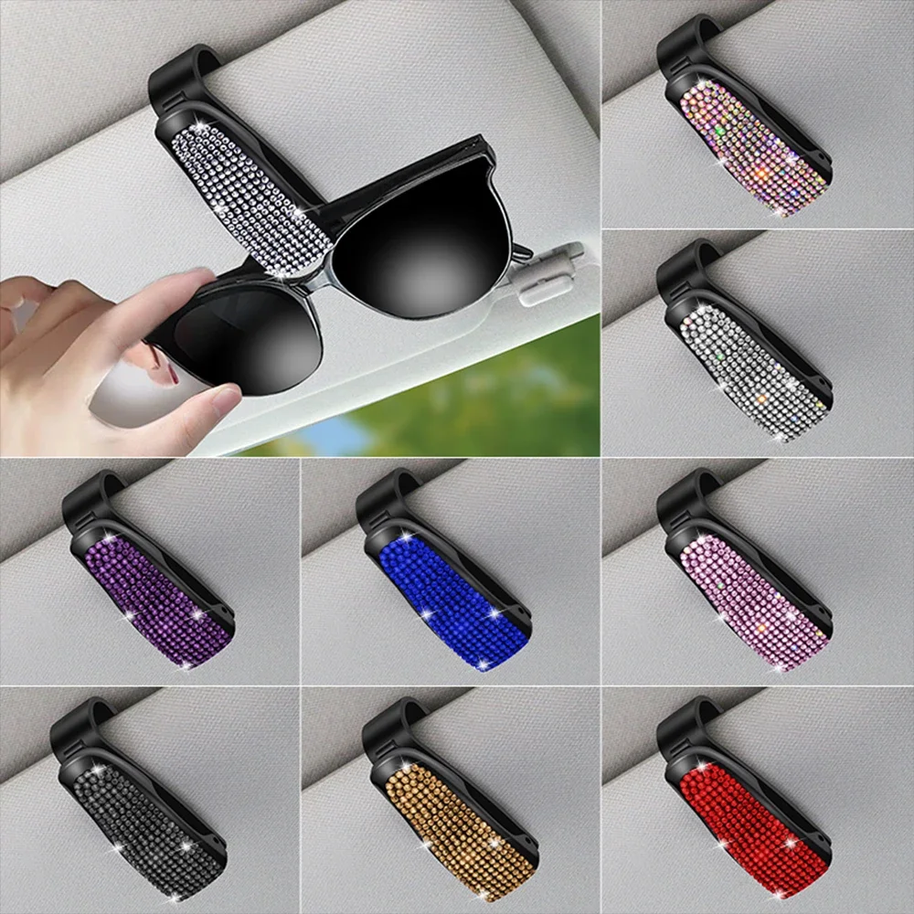 Sunglasses Holder Eyeglass Hanger Clip Sunglasses Clip Glasses Holder Eyeglass Holder Eyeglasses Storage Holder Crystal Diamond Magnetic Leather Sunglass Holder Eyeglass Hanger Clip Car Decor for Auto Sun Visor for Different Size Eyeglasses