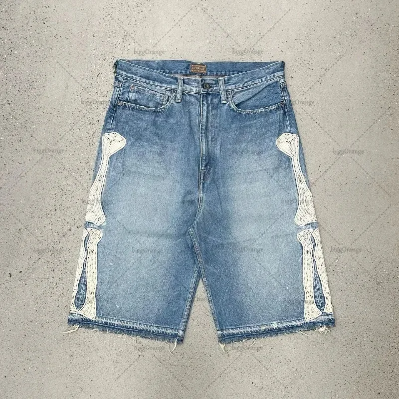 American Street Letter Embroidered Retro Denim Shorts Men's Casual Embroidered Bone Denim Shorts Men's and Women's Gym