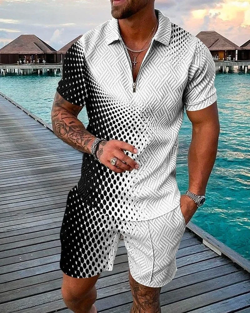 Hawaiian Tracksuit 2pcs Sets 3D Print Zipper Polo Shirt Short Sleeve Shirt And Shorts Casual Fashion Zip-Up Man 2PCS Clothing 9 Sb02d3438f6e848a8ad03008c6bfee7cd2