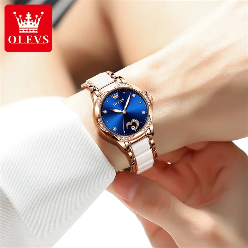 OLEVS Womens Watches Top Brand Luxury Ceramic Mechanical Watch for Women Waterproof Fashion Blue Dial Diamond Wristwatches