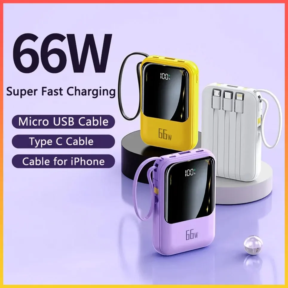 

20000mAh Mobile Power Supply Built-in Cable 66W Ultra Fast Charging Power Bank Waterproof Portable Phone Accessories