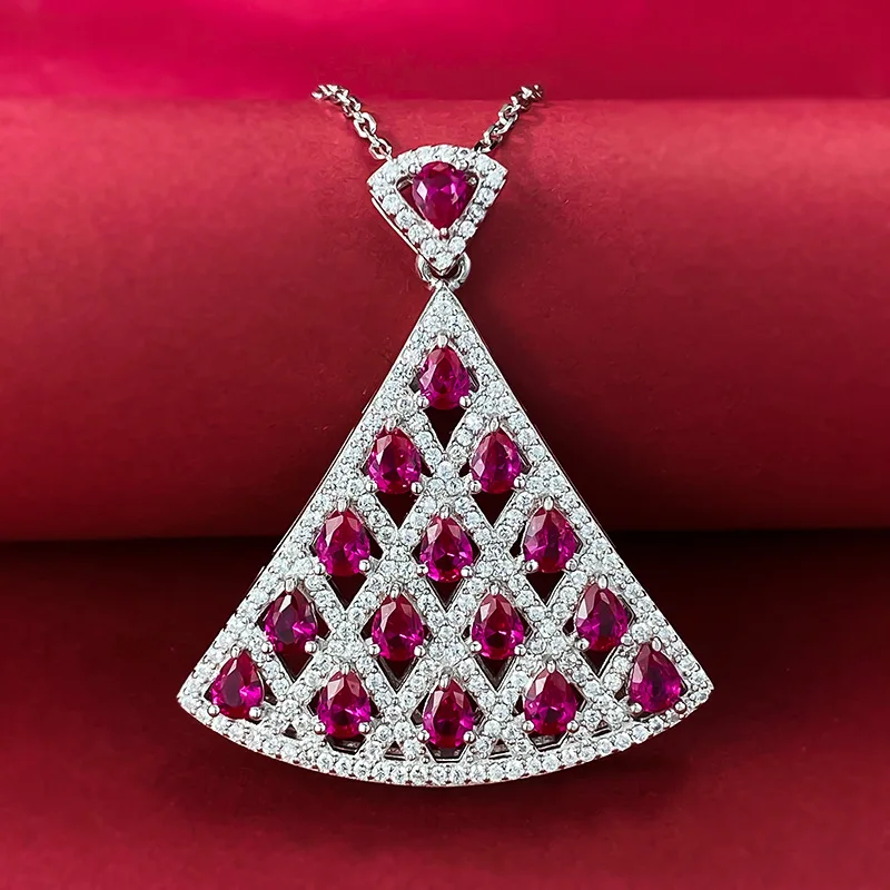 2023 New S925 Silver Necklace Dove Blood Red Fan shaped Necklace Pendant Designed by Female Minority in Fashion