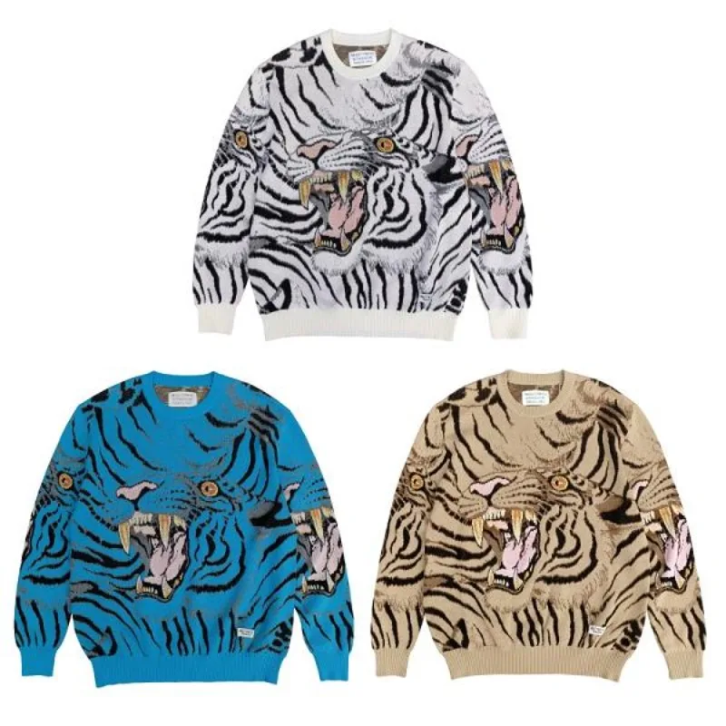 

23SS O-Neck Tiger Jacquard WACKO MARIA Knitted Sweater Men Women Oversize Sweatshirts