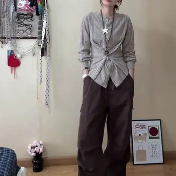 Milady Style Knit Sweater Women - Two Way Double Breasted Adjustable Buckle Top, Fall Lazy Long Sleeve Pullover, Y2K Oversized C