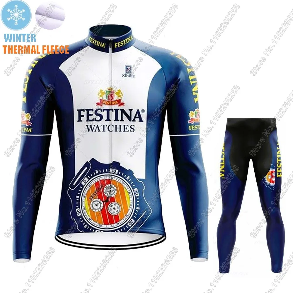 Winter Retro Cycling Jersey Set Spanish Watches Vintage Men Long Sleeve Clothing Suit MTB Bike Road Pants Bib